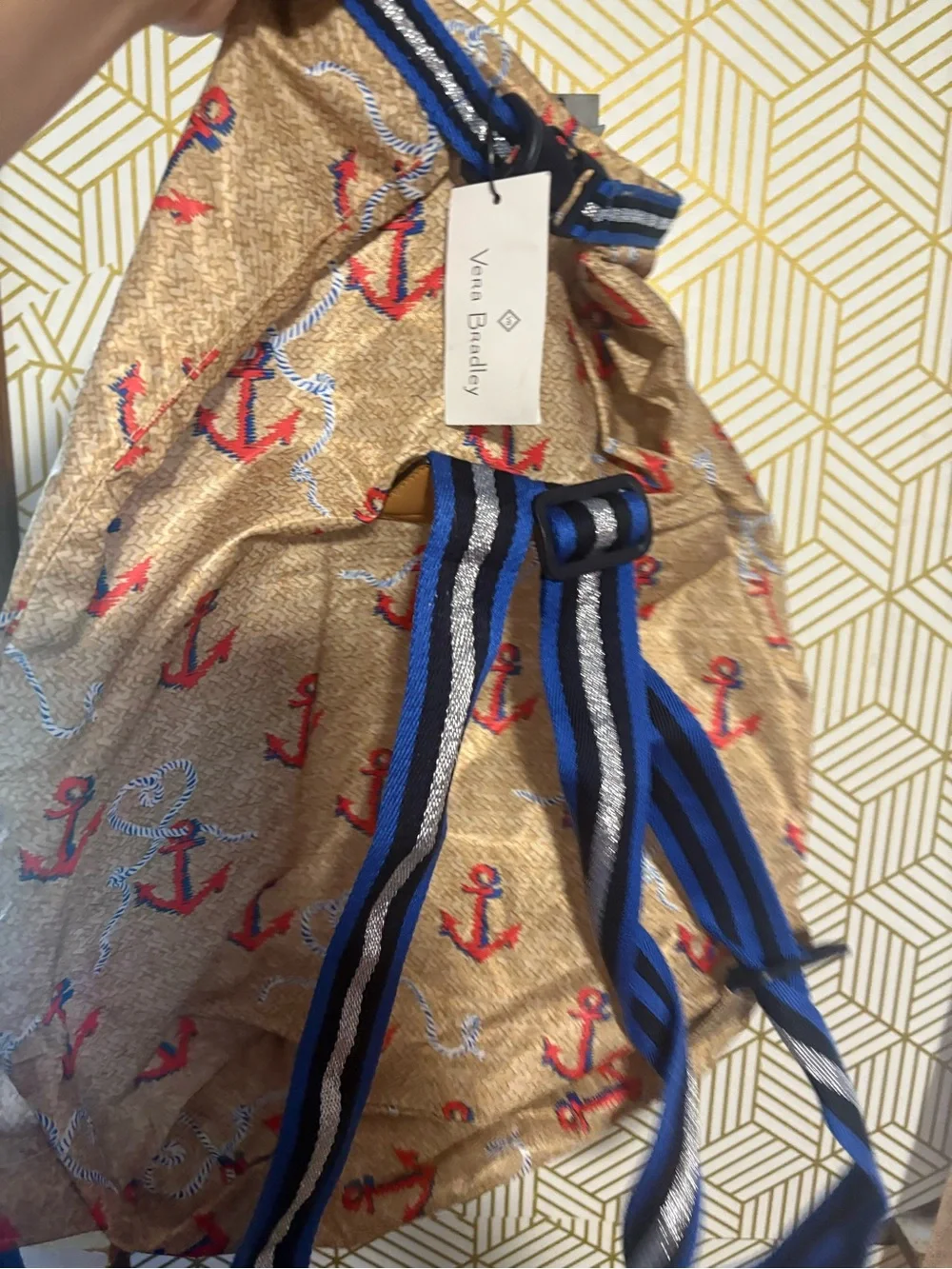 Vera Bradley Tan Anchor Print Backpack with Blue-Striped Straps